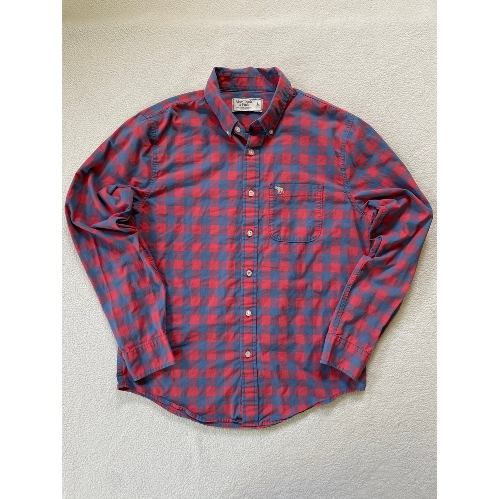 Y2k Vintage Abercrombie & Fitch Men Large Button Down Shirt Red Blue Plaid Moose